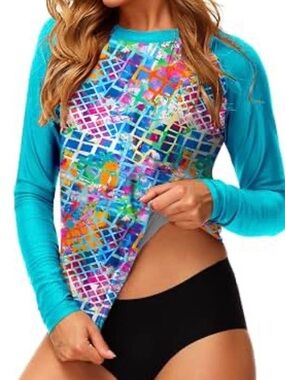 Deerose Women UPF 50+ Rash Guard Printed Swim Shirts Surf Swimwear Top